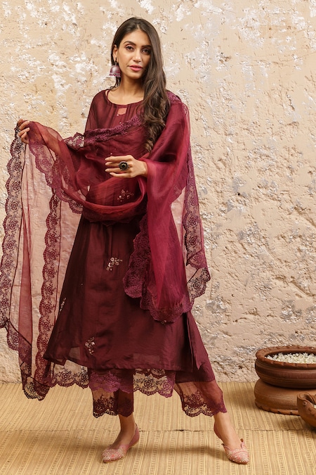 Maroon Cotton Silk Suit Set - Set of Three