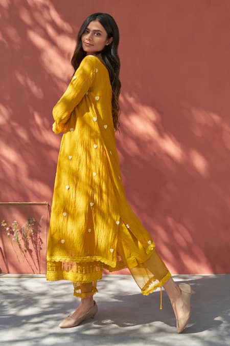 Naaz By Noor Yellow Cotton, Organza, Chanderi Round Embroidered Kurta And Pant Set Online at Aza Fashions Naaz By Noor_Yellow Cotton, Organza, Chanderi Round Embroidered Kurta And Pant Set _Online_at_Aza_Fashions