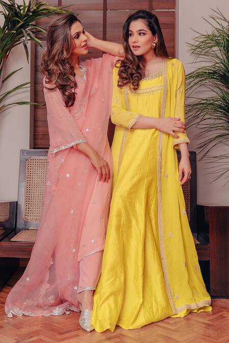 Buy_Surabhi Arya_Yellow Chanderi, Georgette Hand Embroidered Gown With Jacket_Online_at_Aza_Fashions