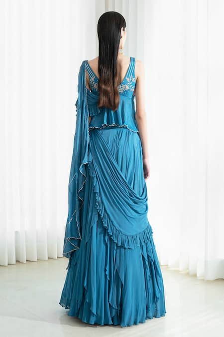Shop_Mandira Wirk - Indian_Blue Blouse Mul Mul Saree Chiffon V Neck Pre-draped With _at_Aza_Fashions