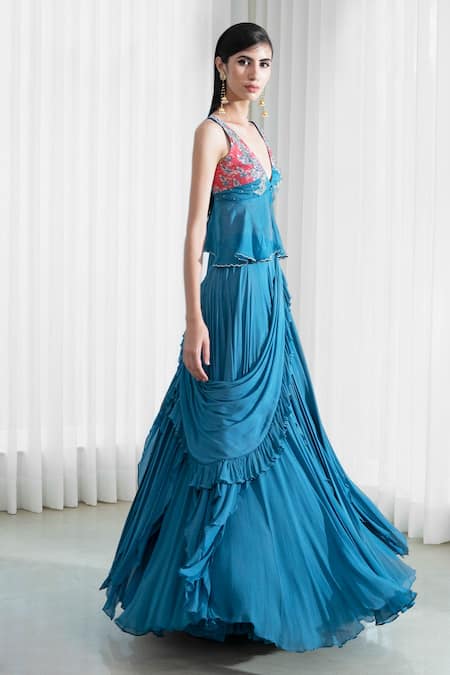 Mandira Wirk - Indian_Blue Blouse Mul Mul Saree Chiffon V Neck Pre-draped With _Online_at_Aza_Fashions