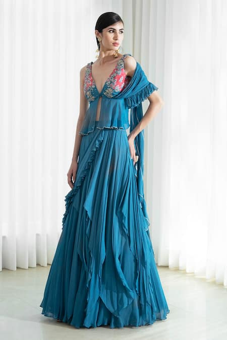 Buy_Mandira Wirk - Indian_Blue Blouse Mul Mul Saree Chiffon V Neck Pre-draped With _Online_at_Aza_Fashions