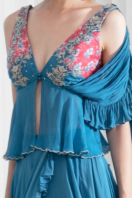 Shop_Mandira Wirk - Indian_Blue Blouse Mul Mul Saree Chiffon V Neck Pre-draped With _Online_at_Aza_Fashions