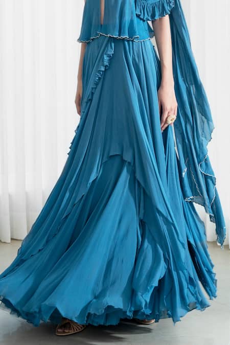 Mandira Wirk - Indian_Blue Blouse Mul Mul Saree Chiffon V Neck Pre-draped With _at_Aza_Fashions