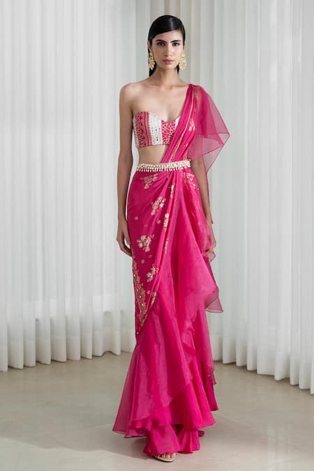 Mandira Wirk Pink Saree Chiffon Blouse Chanderi Embroidery Foil Print Draped With