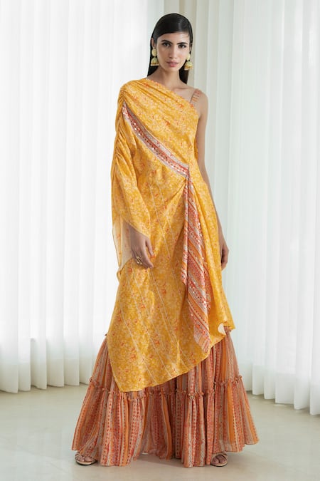 Mandira Wirk Yellow Draped Kaftan Tunic And Sharara Set 