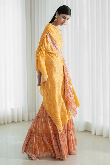 Mandira Wirk - Indian_Yellow Draped Kaftan Tunic And Sharara Set _Online_at_Aza_Fashions