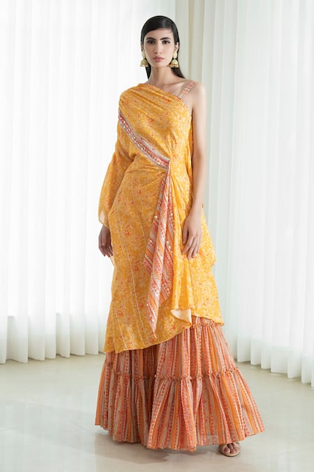Buy_Mandira Wirk - Indian_Yellow Draped Kaftan Tunic And Sharara Set _Online_at_Aza_Fashions