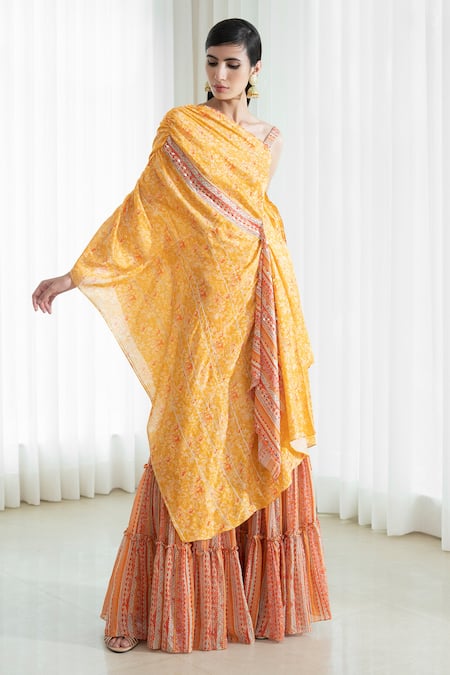 Shop_Mandira Wirk - Indian_Yellow Draped Kaftan Tunic And Sharara Set _Online_at_Aza_Fashions