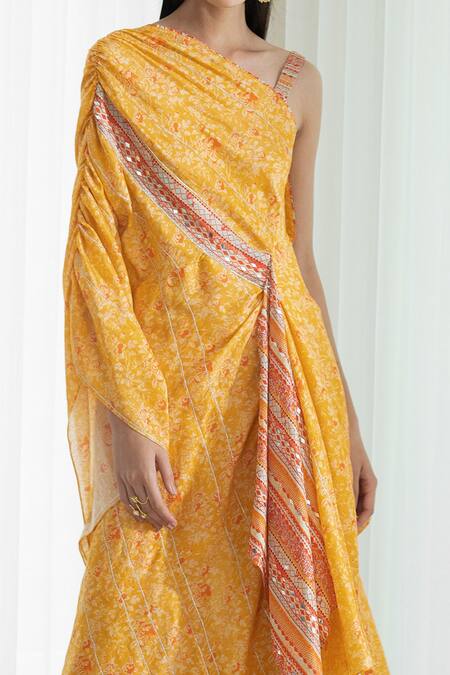 Mandira Wirk - Indian_Yellow Draped Kaftan Tunic And Sharara Set _at_Aza_Fashions