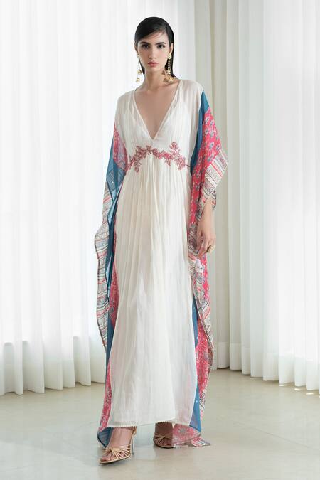 Mandira Wirk White Slip Voil Embroidery V Neck Kaftan 