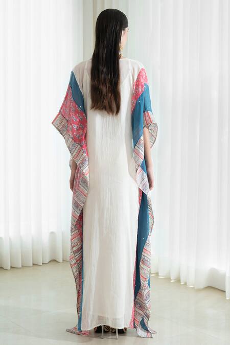 Shop Mandira Wirk - Indian White Slip Voil V Neck Embroidered Kaftan at Aza Fashions Shop_Mandira Wirk - Indian_White Slip Voil V Neck Embroidered Kaftan _at_Aza_Fashions