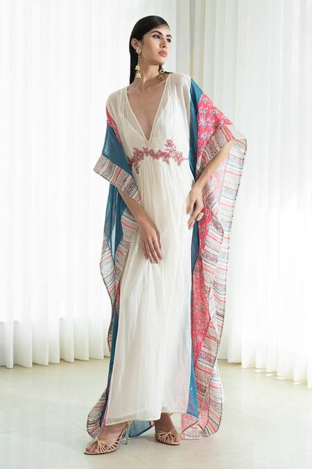 Buy Mandira Wirk - Indian White Slip Voil V Neck Embroidered Kaftan Online at Aza Fashions Buy_Mandira Wirk - Indian_White Slip Voil V Neck Embroidered Kaftan _Online_at_Aza_Fashions