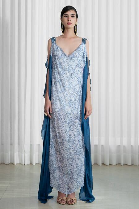 Mandira Wirk_Blue Kaftan Chiffon Slip Voile V Neck Cold Shoulder Printed _Online_at_Aza_Fashions