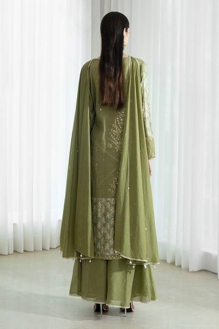 Shop_Mandira Wirk - Indian_Green Sharara Organic Cotton Kurta And Dupatta Round Foil Print Set _at_Aza_Fashions