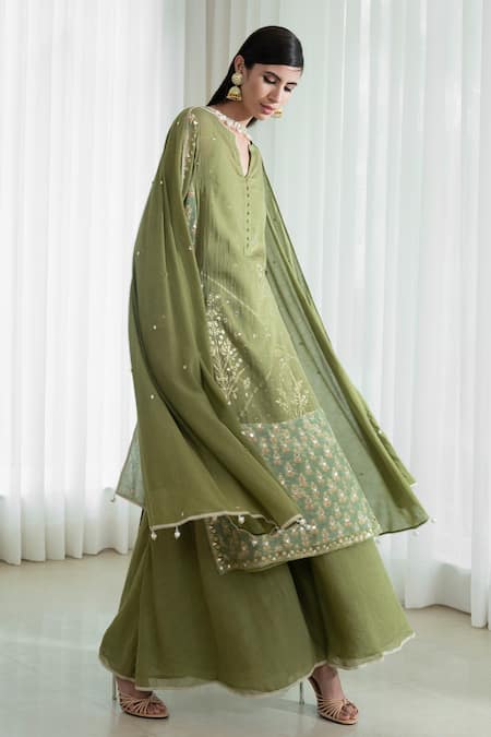 Mandira Wirk - Indian_Green Sharara Organic Cotton Kurta And Dupatta Round Foil Print Set _Online_at_Aza_Fashions