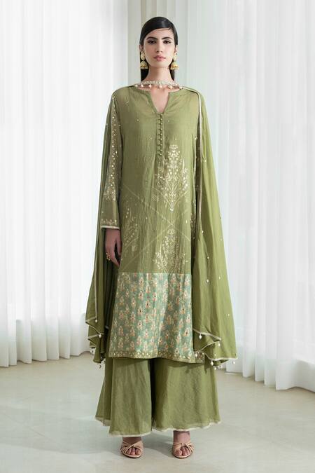 Buy_Mandira Wirk - Indian_Green Sharara Organic Cotton Kurta And Dupatta Round Foil Print Set _Online_at_Aza_Fashions