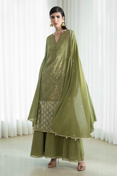 Shop_Mandira Wirk - Indian_Green Sharara Organic Cotton Kurta And Dupatta Round Foil Print Set _Online_at_Aza_Fashions