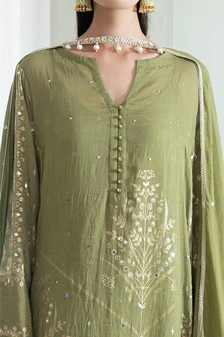 Mandira Wirk - Indian_Green Sharara Organic Cotton Kurta And Dupatta Round Foil Print Set _at_Aza_Fashions