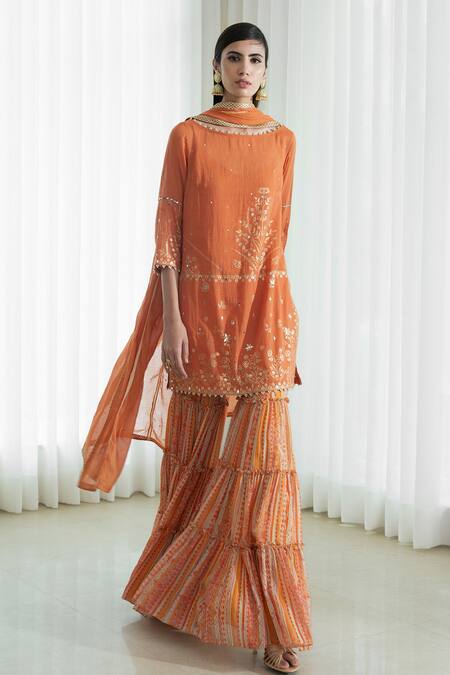 Buy_Mandira Wirk - Indian_Orange Round Foil Print Kurta Sharara Set _Online_at_Aza_Fashions