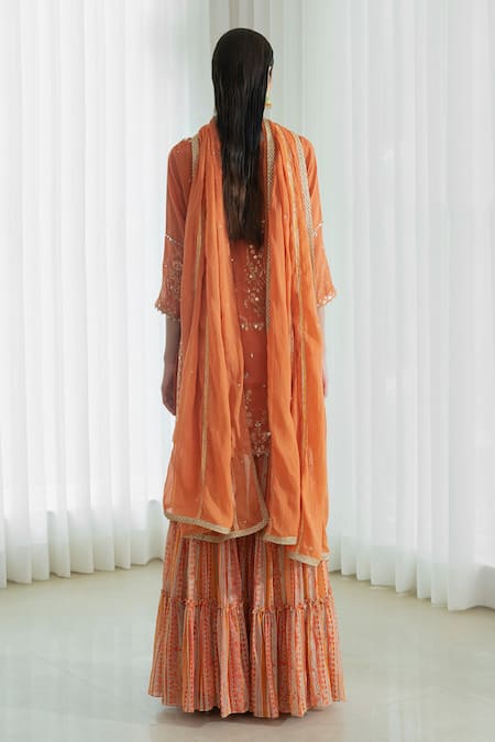 Shop_Mandira Wirk - Indian_Orange Round Foil Print Kurta Sharara Set _at_Aza_Fashions