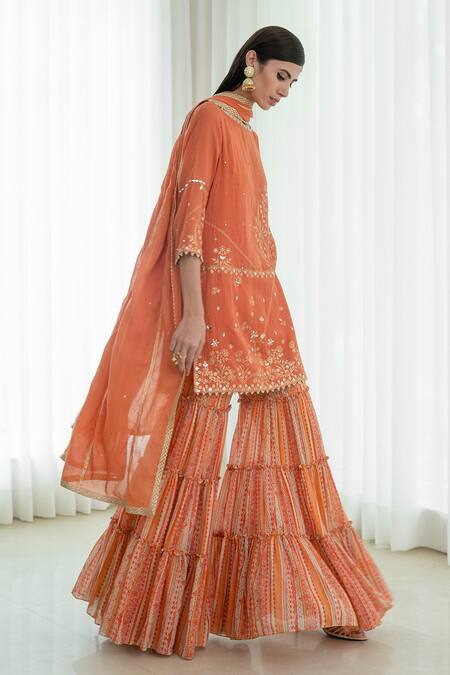 Mandira Wirk - Indian_Orange Round Foil Print Kurta Sharara Set _Online_at_Aza_Fashions