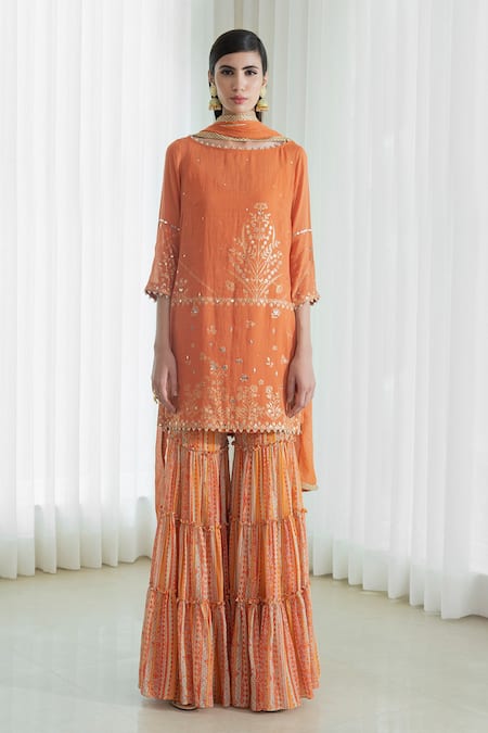 Shop_Mandira Wirk - Indian_Orange Round Foil Print Kurta Sharara Set _Online_at_Aza_Fashions