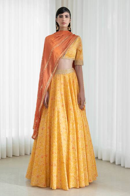 Mandira Wirk - Indian Yellow Blouse And Lehenga Organic Cotton Dupatta Chiffon V Neck Printed Set Online at Aza Fashions Mandira Wirk - Indian_Yellow Blouse And Lehenga Organic Cotton Dupatta Chiffon V Neck Printed Set _Online_at_Aza_Fashions