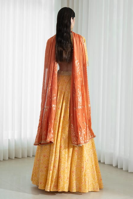 Shop Mandira Wirk - Indian Yellow Blouse And Lehenga Organic Cotton Dupatta Chiffon V Neck Printed Set at Aza Fashions Shop_Mandira Wirk - Indian_Yellow Blouse And Lehenga Organic Cotton Dupatta Chiffon V Neck Printed Set _at_Aza_Fashions