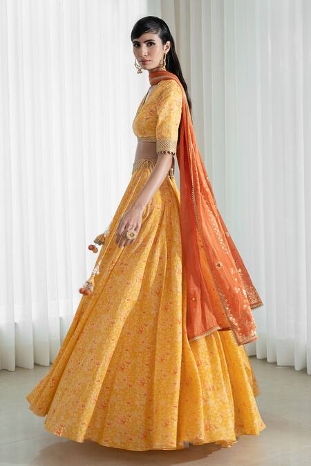 Buy Mandira Wirk - Indian Yellow Blouse And Lehenga Organic Cotton Dupatta Chiffon V Neck Printed Set Online at Aza Fashions Buy_Mandira Wirk - Indian_Yellow Blouse And Lehenga Organic Cotton Dupatta Chiffon V Neck Printed Set _Online_at_Aza_Fashions