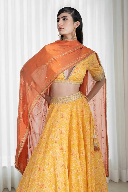 Mandira Wirk - Indian Yellow Blouse And Lehenga Organic Cotton Dupatta Chiffon V Neck Printed Set at Aza Fashions Mandira Wirk - Indian_Yellow Blouse And Lehenga Organic Cotton Dupatta Chiffon V Neck Printed Set _at_Aza_Fashions