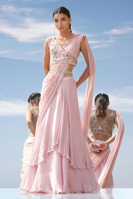 Buy Pink Georgette Satin V Neck Pre-draped Lehenga Saree For Women by  Mandira Wirk Online at Aza Fashions.