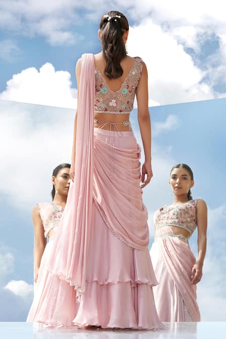 Shop_Mandira Wirk - Indian_Pink Net, Chiffon, Georgette Satin V Neck Pre-draped Lehenga Saree _at_Aza_Fashions
