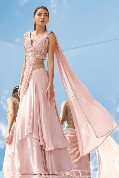Mandira Wirk - Indian_Pink Net, Chiffon, Georgette Satin V Neck Pre-draped Lehenga Saree _Online_at_Aza_Fashions