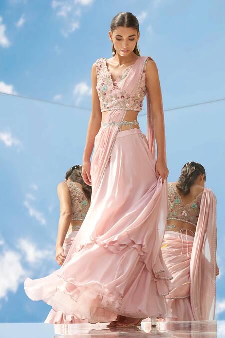 Buy_Mandira Wirk - Indian_Pink Net, Chiffon, Georgette Satin V Neck Pre-draped Lehenga Saree _Online_at_Aza_Fashions