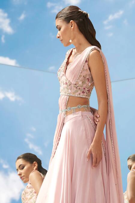 Mandira Wirk - Indian_Pink Net, Chiffon, Georgette Satin V Neck Pre-draped Lehenga Saree _at_Aza_Fashions