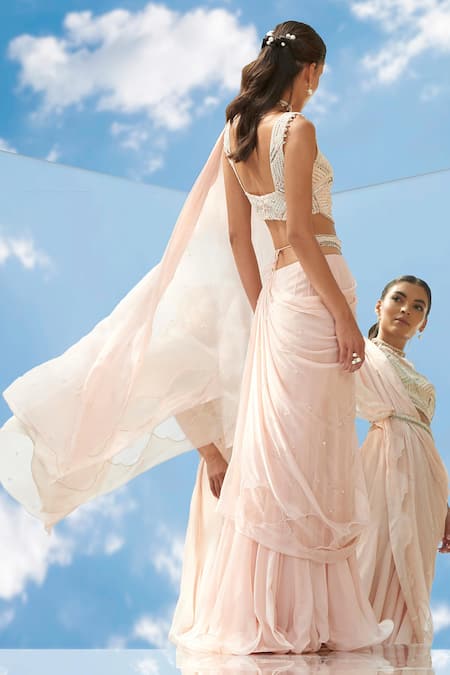 Mandira Wirk Peach Organza Round Pre-draped Lehenga Saree  3