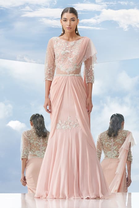 Mandira Wirk - Indian_Peach Organza, Net, Georgette Round Pre-draped Fish Cut Saree Gown _Online_at_Aza_Fashions