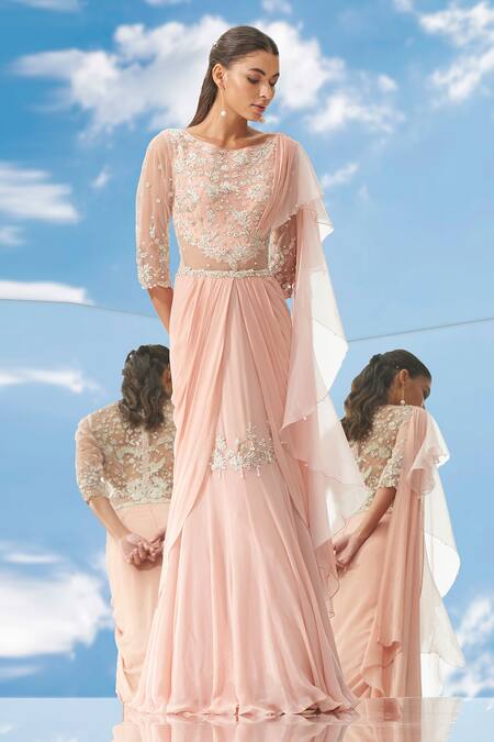 Buy_Mandira Wirk - Indian_Peach Organza, Net, Georgette Round Pre-draped Fish Cut Saree Gown _Online_at_Aza_Fashions
