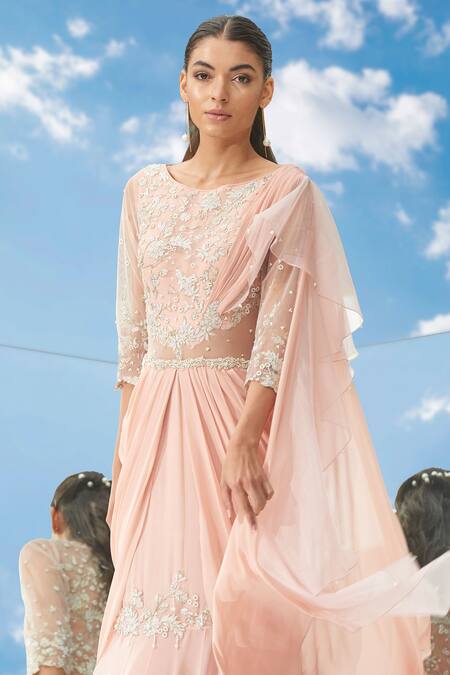 Shop_Mandira Wirk - Indian_Peach Organza, Net, Georgette Round Pre-draped Fish Cut Saree Gown _Online_at_Aza_Fashions