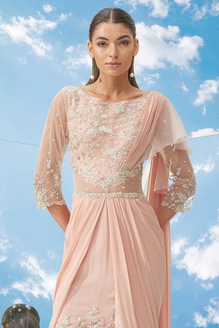 Mandira Wirk - Indian_Peach Organza, Net, Georgette Round Pre-draped Fish Cut Saree Gown _at_Aza_Fashions