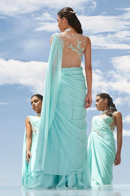 Shop Mandira Wirk - Indian Blue Chiffon Boat Pre-draped Saree Gown at Aza Fashions Shop_Mandira Wirk - Indian_Blue Chiffon Boat Pre-draped Saree Gown _at_Aza_Fashions