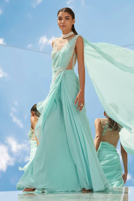 Buy Mandira Wirk - Indian Blue Chiffon Boat Pre-draped Saree Gown Online at Aza Fashions Buy_Mandira Wirk - Indian_Blue Chiffon Boat Pre-draped Saree Gown _Online_at_Aza_Fashions