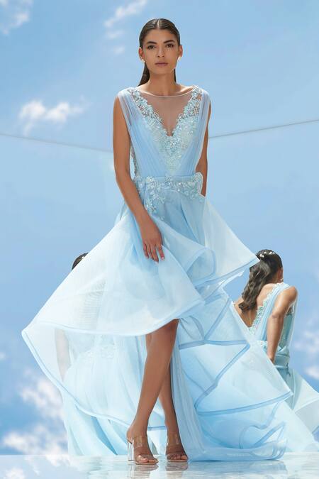 Mandira Wirk - Indian_Blue , Neoprene, Shimmer Round Asymmetric Flared Ruffle Gown _Online_at_Aza_Fashions