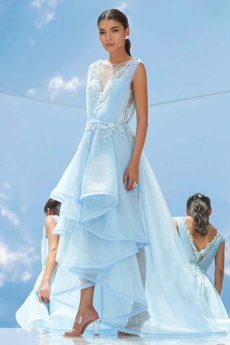 Shop_Mandira Wirk - Indian_Blue , Neoprene, Shimmer Round Asymmetric Flared Ruffle Gown _Online_at_Aza_Fashions