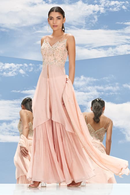 Mandira Wirk - Indian Peach Chanderi V Neck Tunic Gharara Set 