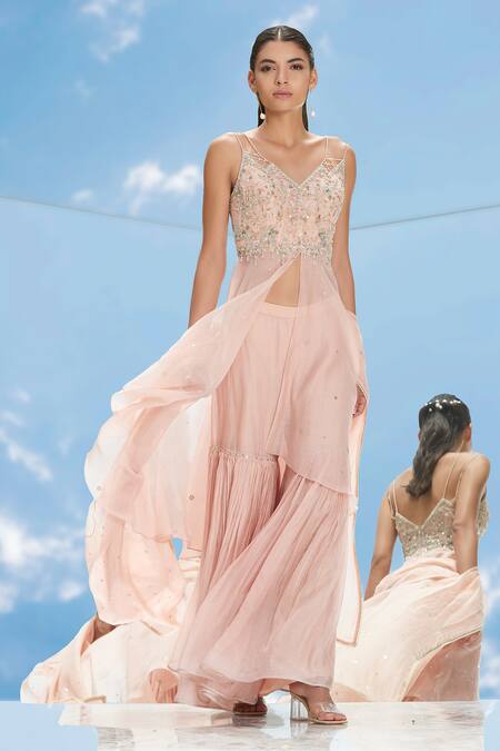 Mandira Wirk - Indian_Peach Chanderi V Neck Tunic Gharara Set _Online_at_Aza_Fashions