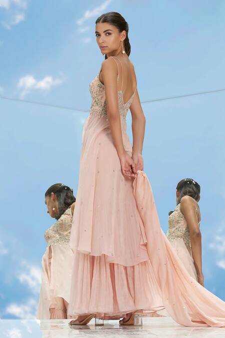 Buy_Mandira Wirk - Indian_Peach Chanderi V Neck Tunic Gharara Set _Online_at_Aza_Fashions