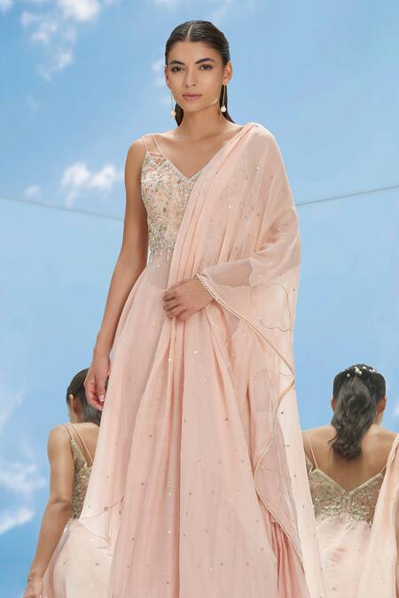 Shop_Mandira Wirk - Indian_Peach Chanderi V Neck Tunic Gharara Set _Online_at_Aza_Fashions