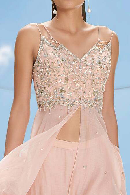 Mandira Wirk - Indian_Peach Chanderi V Neck Tunic Gharara Set _at_Aza_Fashions